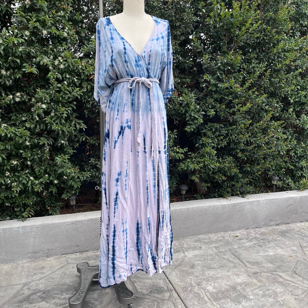 Lulus Blue Tie Dye Maxi Dress Medium Long Sleeve Surplice Boho Hippie Fairy